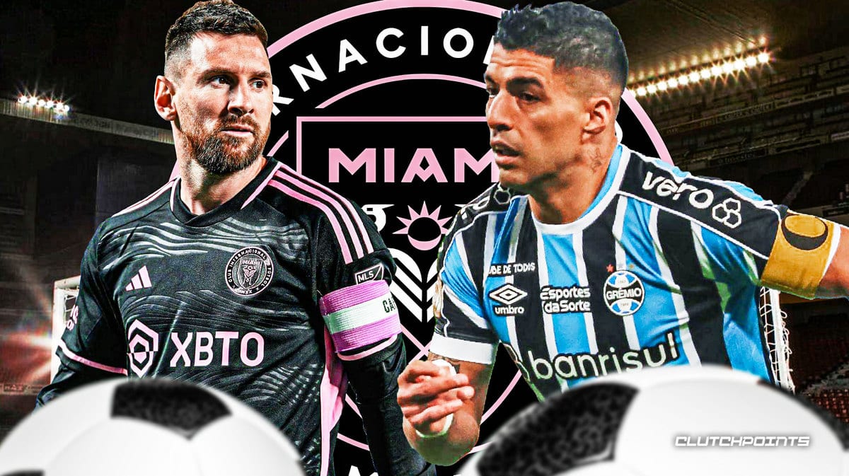 Luis Suarez and Lionel Messi in front of the Inter Miami logo