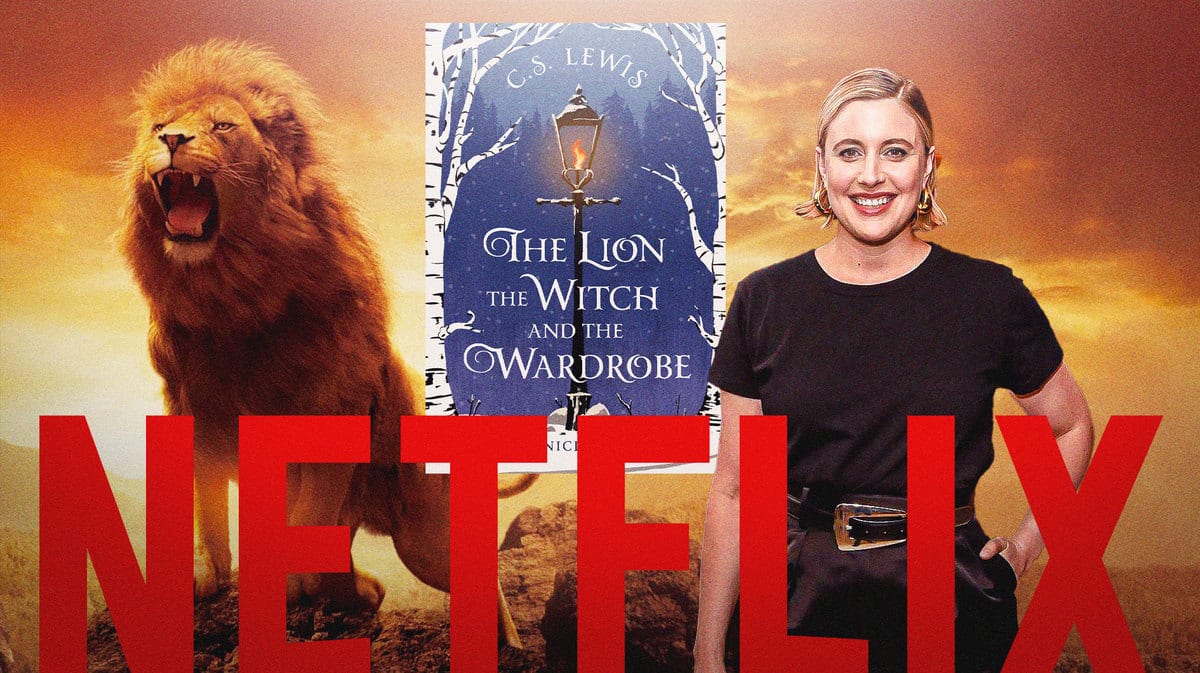 Aslan next to Chronicles of Narnia The Lion, the Witch and the Wardrobe book cover and Greta Gerwig with Netflix logo.