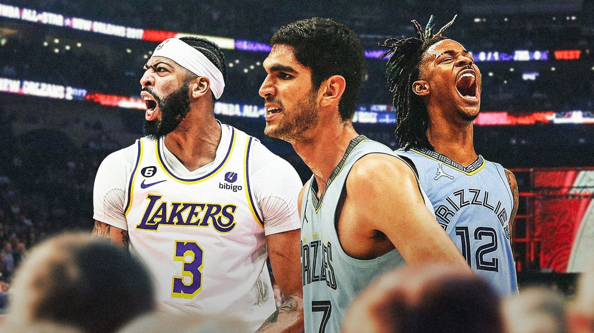 Lakers Anthony Davis with Grizzlies Ja Morant and Santi Aldama