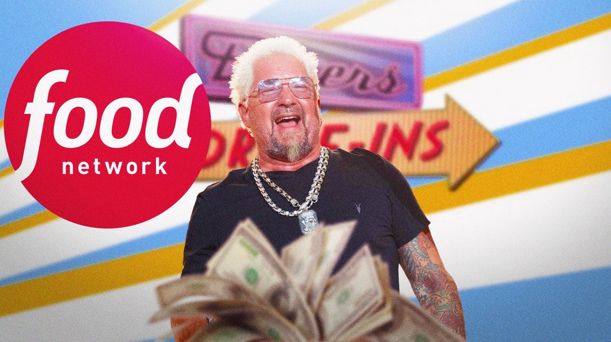 Guy Fieri and the Food Network logo, with signage for Diners, Drive-Ins and Dives in the background