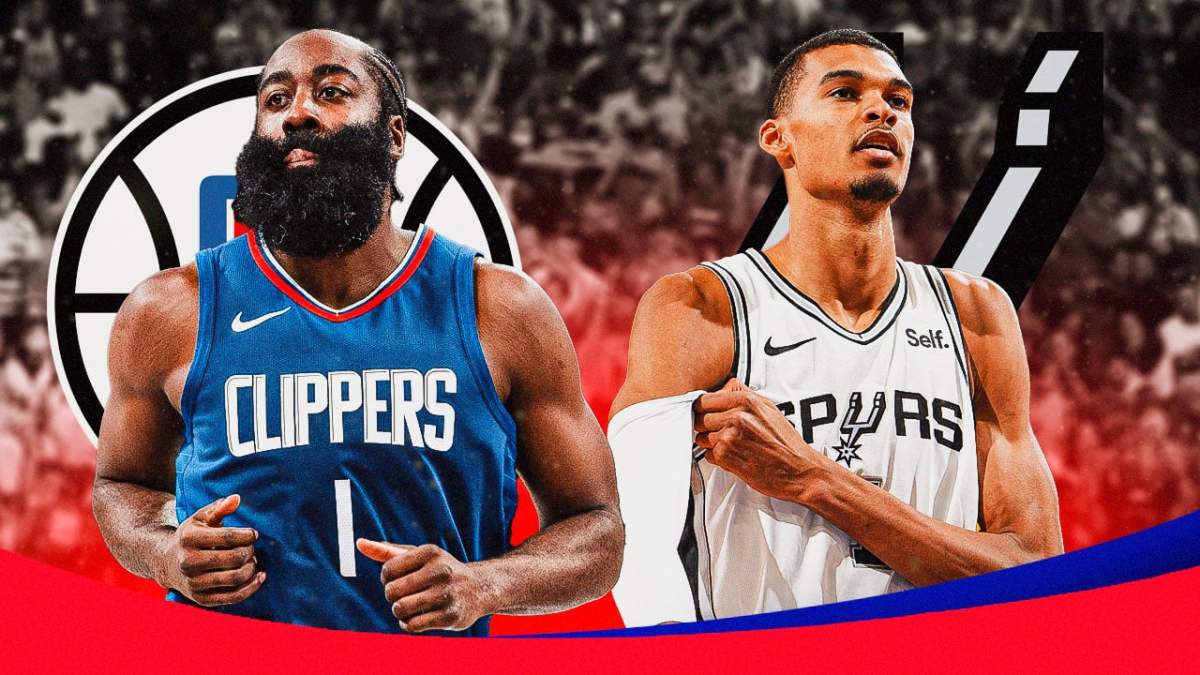 James Harden alongside Victor Wembanyama; also include the Clippers and Spurs logos in the background