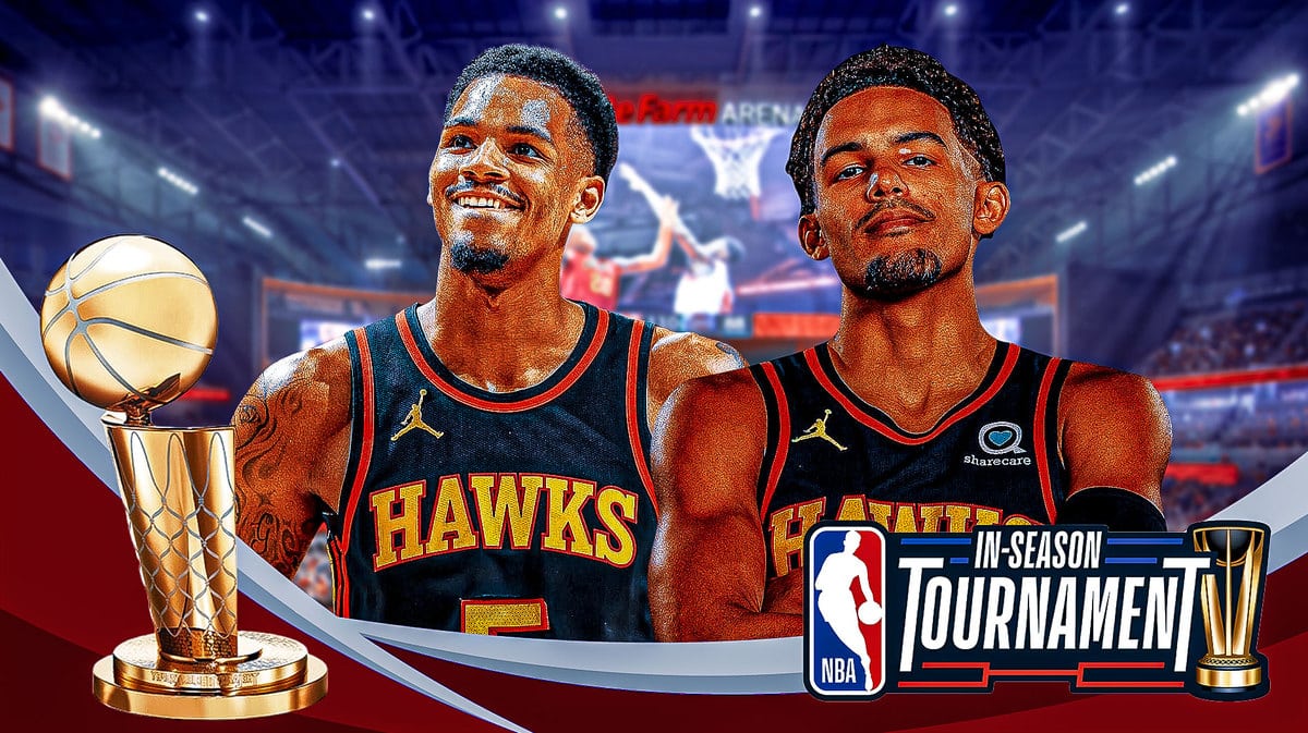 Hawks' Trae Young, Dejounte Murray hyped up with NBA In-Season Tournament logo and trophy in the middle