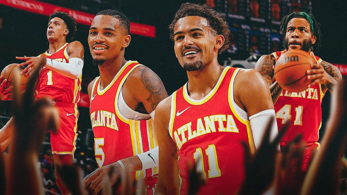 Hawks' Trae Young and Dejounte Murray in the middle, with Jalen Johnson dunking on the left and Saddiq Bey shooting the 3 on the right