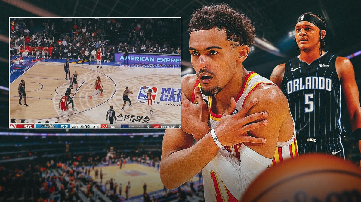 screenshot of Hawks Trae Young’s logo shot, with a picture of his too cold celebration on the side and Magic’s Paolo Banchero looking sad