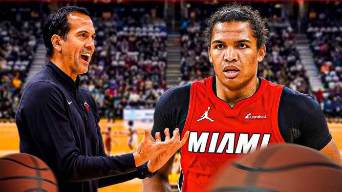 Erik Spoelstra yelling “Heartbreaking” Dru Smith in Heat jersey looking serious beside him, have the Cavs' In-Season Tournament court as the background