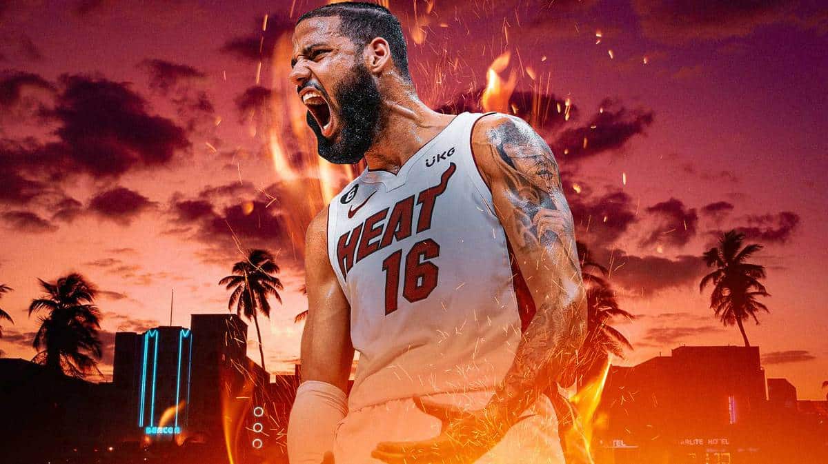 Miami Heat star Caleb Martin in front of the city he plays for.