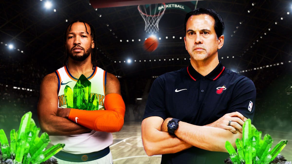 Heat coach Erik Spoelstra looking serious. Knicks' Jalen Brunson holding a kryptonite