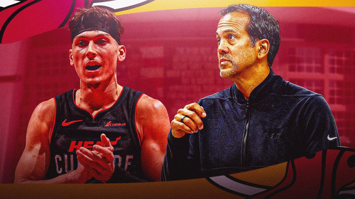 Miami Heat's Tyler Herro and Erik Spoelstra in front of the Kaseya Center.