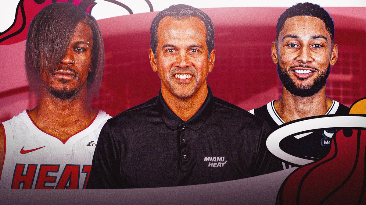 Miami Heat's Erik Spoelstra, Jimmy Butler, and Brooklyn Nets star Ben Simmons in front of the Kaseya Center.