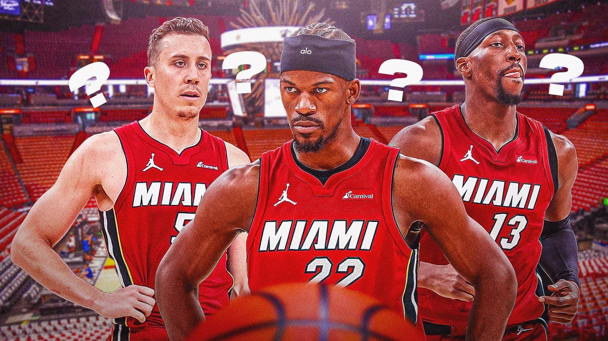 Miami Heat stars Jimmy Butler, Duncan Robinson, and Bam Adebayo in front of the Kaseya Center.