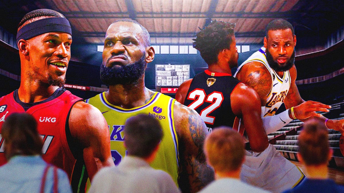 Heat Jimmy Butler smiling at Lakers' LeBron James, with a pic of Butler guarding James in the 2020 NBA Finals on the side