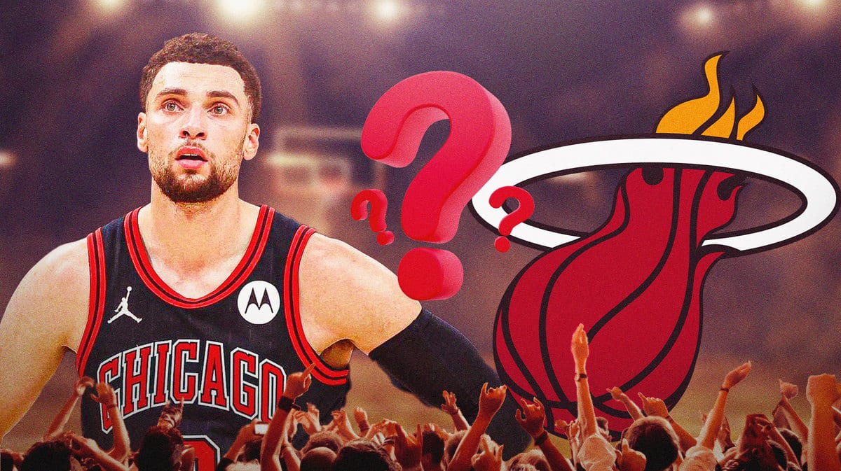 Chicago Bulls star Zach LaVine next to the Miami Heat logo.