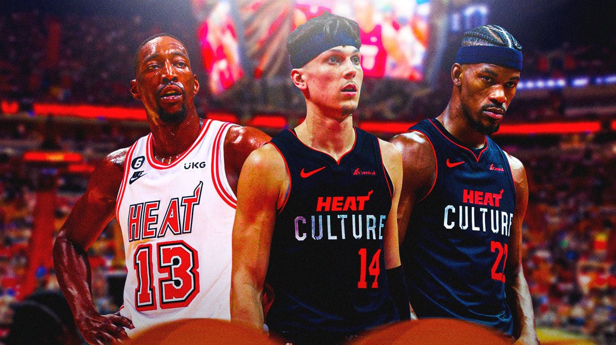 Miami Heat's Bam Adebayo, Tyler Herro, and Jimmy Butler in front of the Kaseya Center.