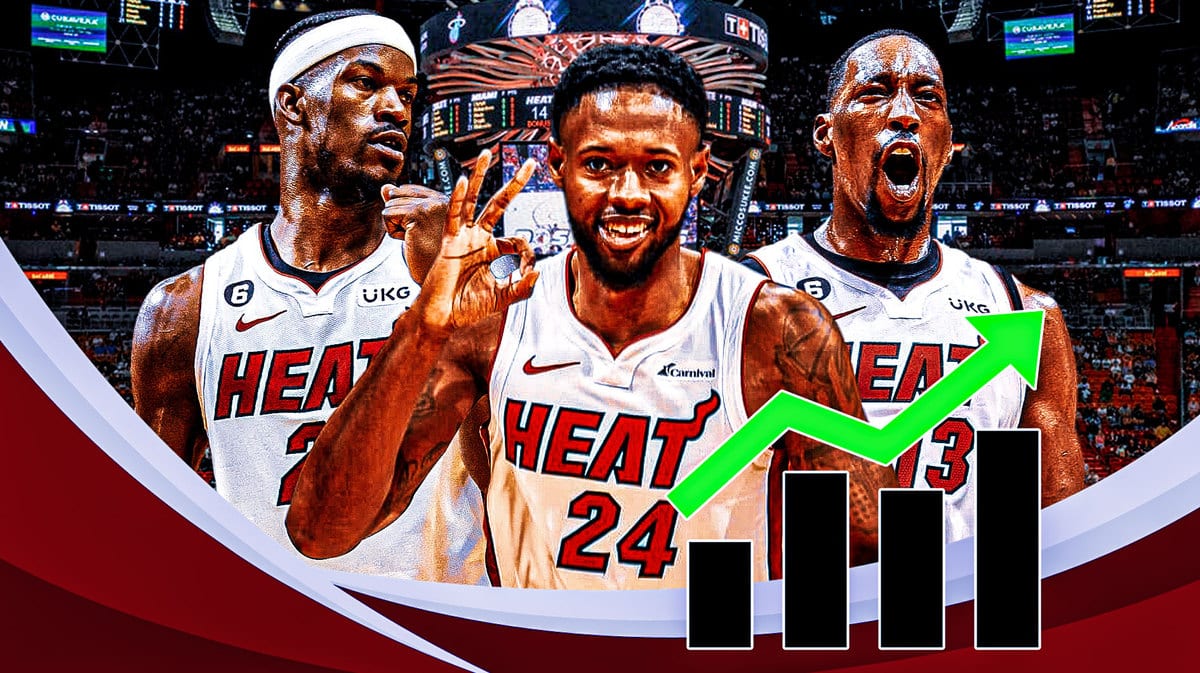 Heat’s Jimmy Butler, Bam Adebayo hyped up, with Haywood Highsmith beside them with the stock up logo