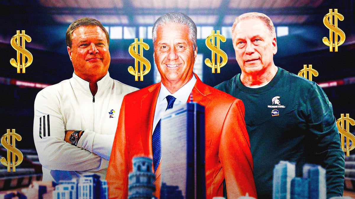Bill Self, John Calipari, Tom Izzo all together with cash and “$” signs around them.