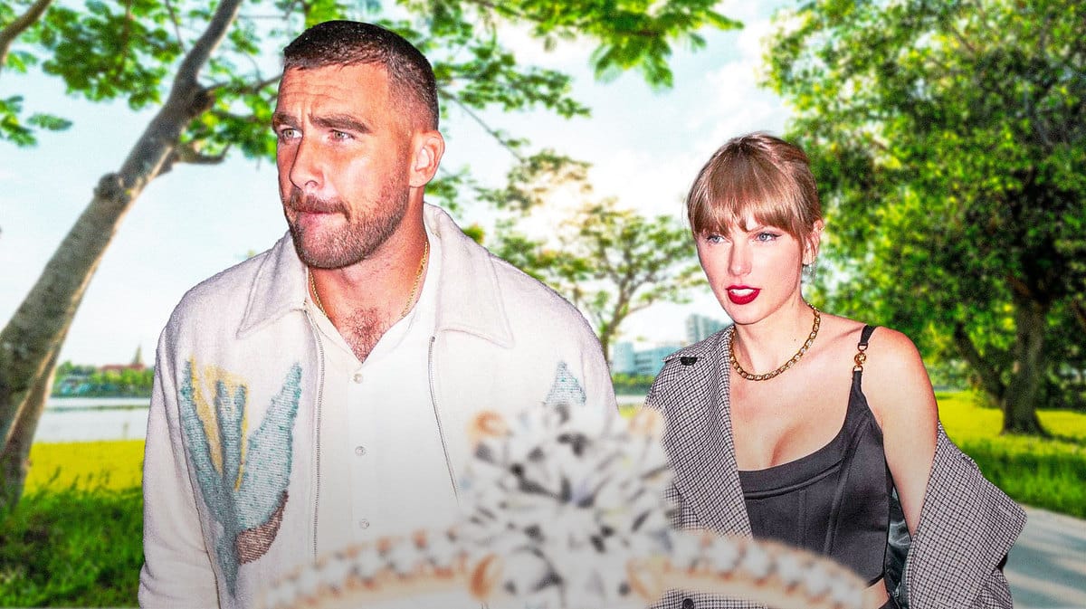 Travis Kelce and Taylor Swift with engagement rings.