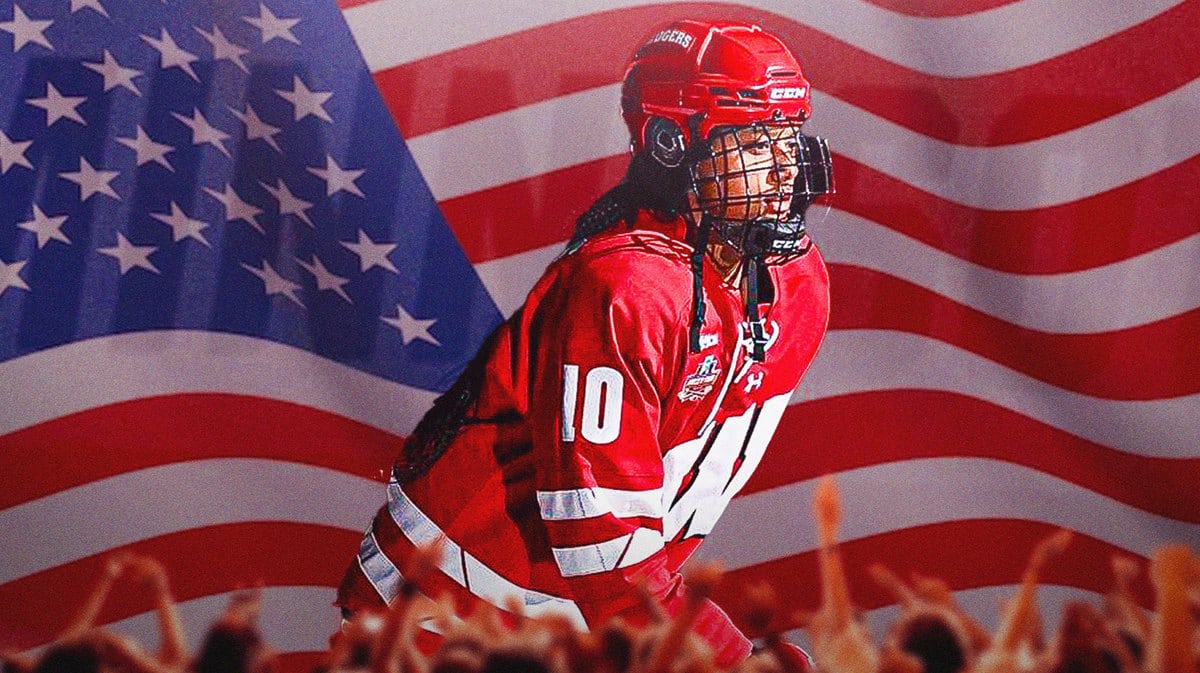 Laila Edwards in her University of Wisconsin hockey uniform in front of an American flag