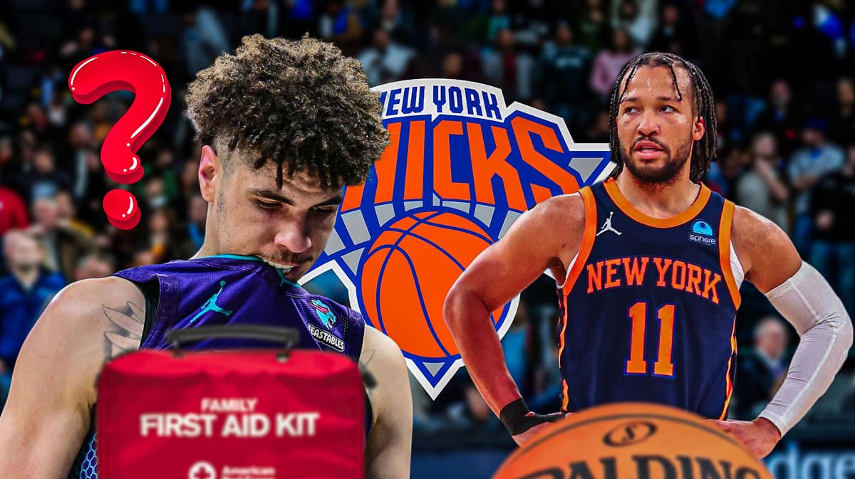 Hornets' LaMelo Ball with red medical bag next to Knicks Jalen Brunson