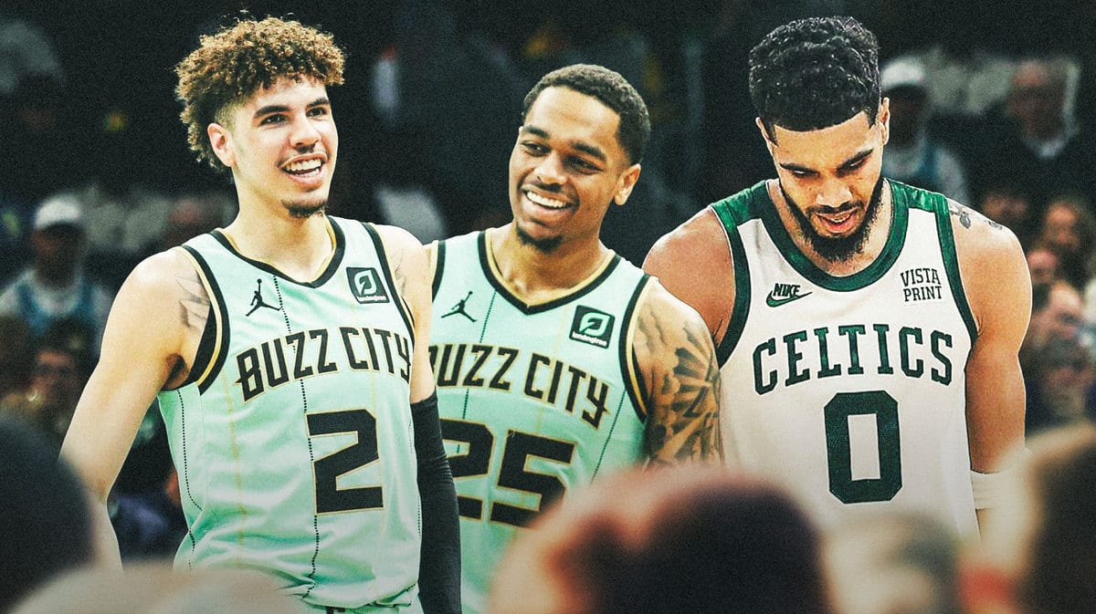 Hornets Lamelo Ball and PJ Washington with Celtics Jayson Tatum
