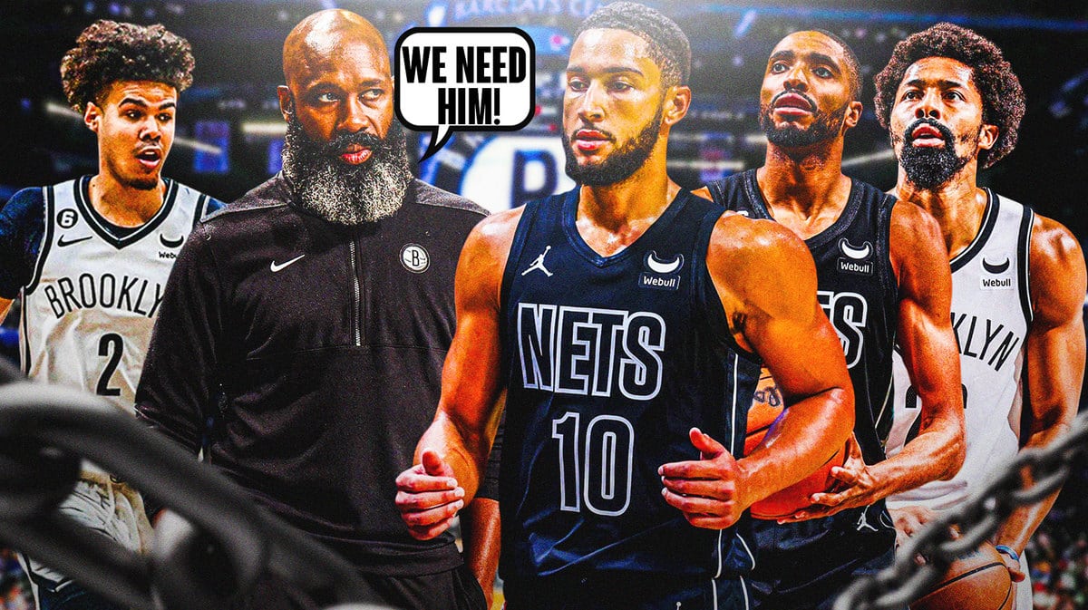 Nets' Ben Simmons surrounded by Jacque Vaughn, Mikal Bridges, Cam Johnson, Spencer Dinwiddie
