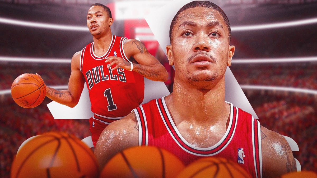 Derrick Rose in Bulls jersey in action, Adidas logo behind him
