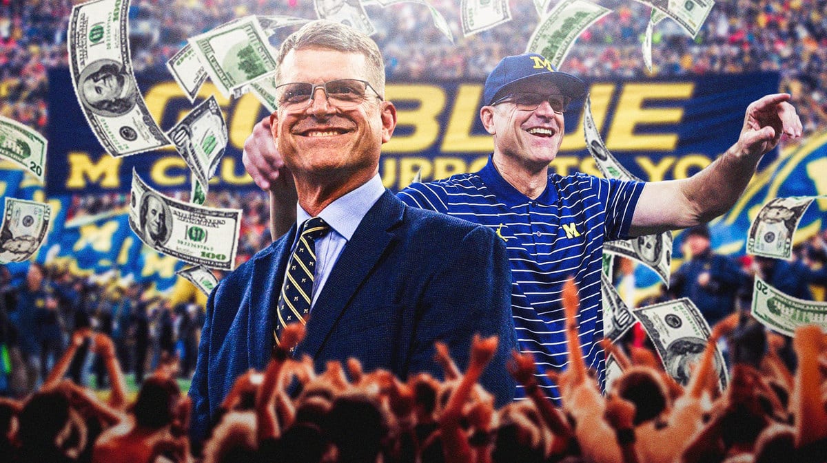 Michigan football coach Jim Harbaugh surrounded by hundred dollar bills