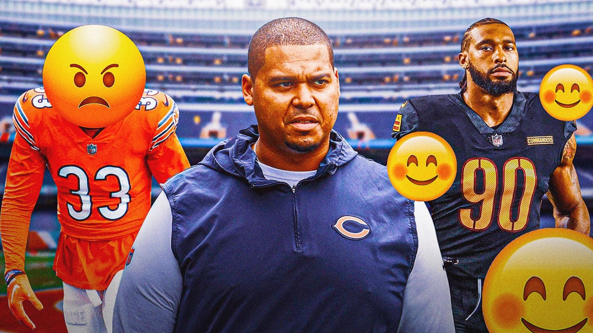 Chicago Bears GM Ryan Poles, with Jaylon Johnson on one side, and Montez Sweat on the other