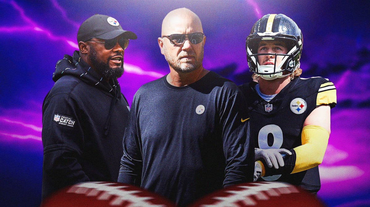 Matt Canada in the middle, Mike Tomlin and Kenny Pickett all around him, and Thunderstorm in the background with the Steelers logo.
