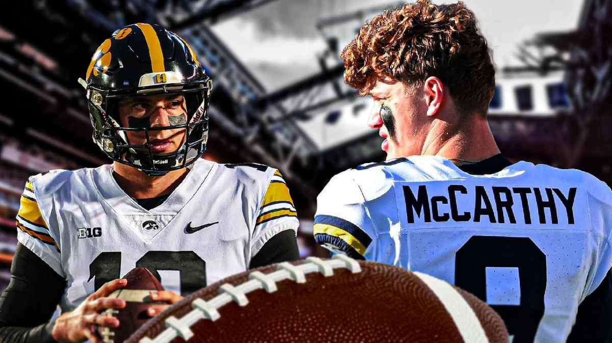 Michigan football, Wolverines, Iowa football, Hawkeyes, Cade McNamara, Cade McNamara (in Iowa uni) and JJ McCarthy (in Michigan uni) with Lucas Oil Stadium in the background
