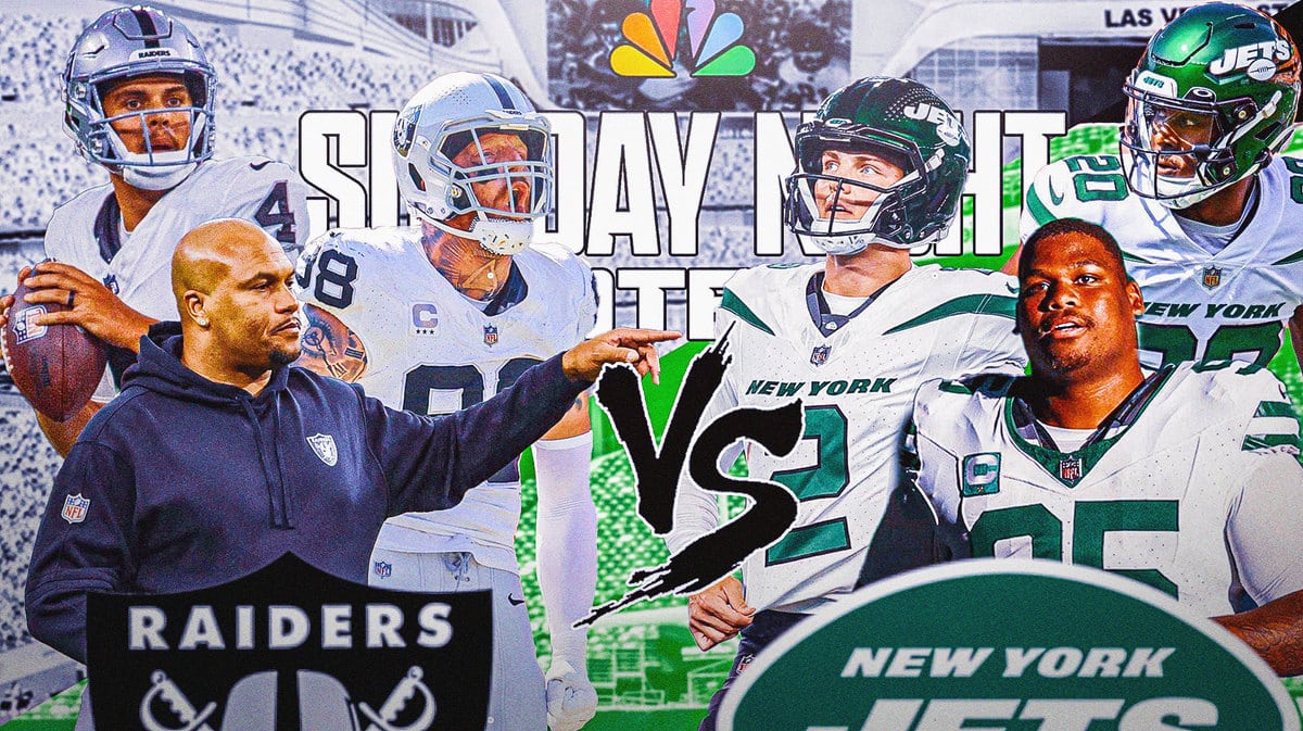 Zach Wilson Quinnen Williams, Breece Hall, Jets logo vs. Antonio Pierce, Maxx Crosby, Aidan O’Connell, Raiders logo. Sunday Night Football logo.