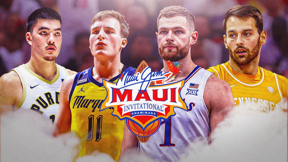 Maui Invitational logo in the front. Behind it is Zach Edey, Tyler Kolek, Hunter Dickinson, Santiago Vescovi