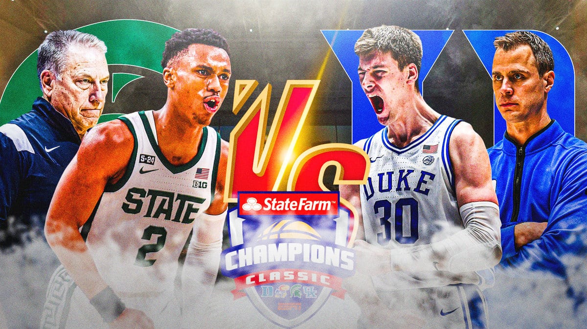 Tom Izzo, Tyson Walker, Michigan State logo vs. Jon Scheyer, Kyle Filipkowski, Duke logo. Champions Classic logo in the front.