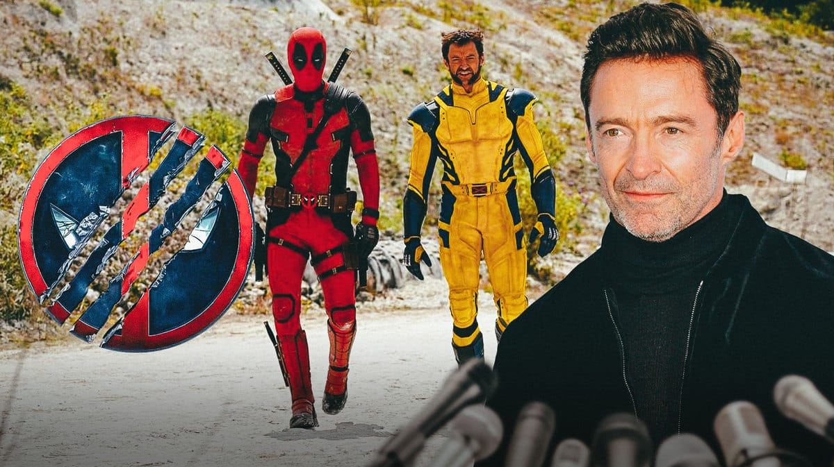 Deadpool 3 MCU logo and Hugh Jackman in front of Deadpool and comic-accurate Wolverine.