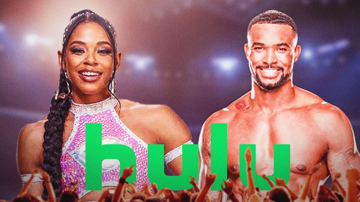 Hulu logo, wrestling ring background, and Love & WWE stars Bianca Belair and Montez Ford.