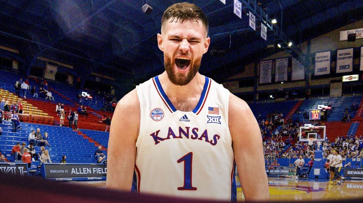 Kansas basketball, Jayhawks, Hunter Dickinson, Hunter Dickinson Kansas, Hunter Dickinson Wooden Award, Hunter Dickinson in Kansas uni with Kansas football stadium in the background