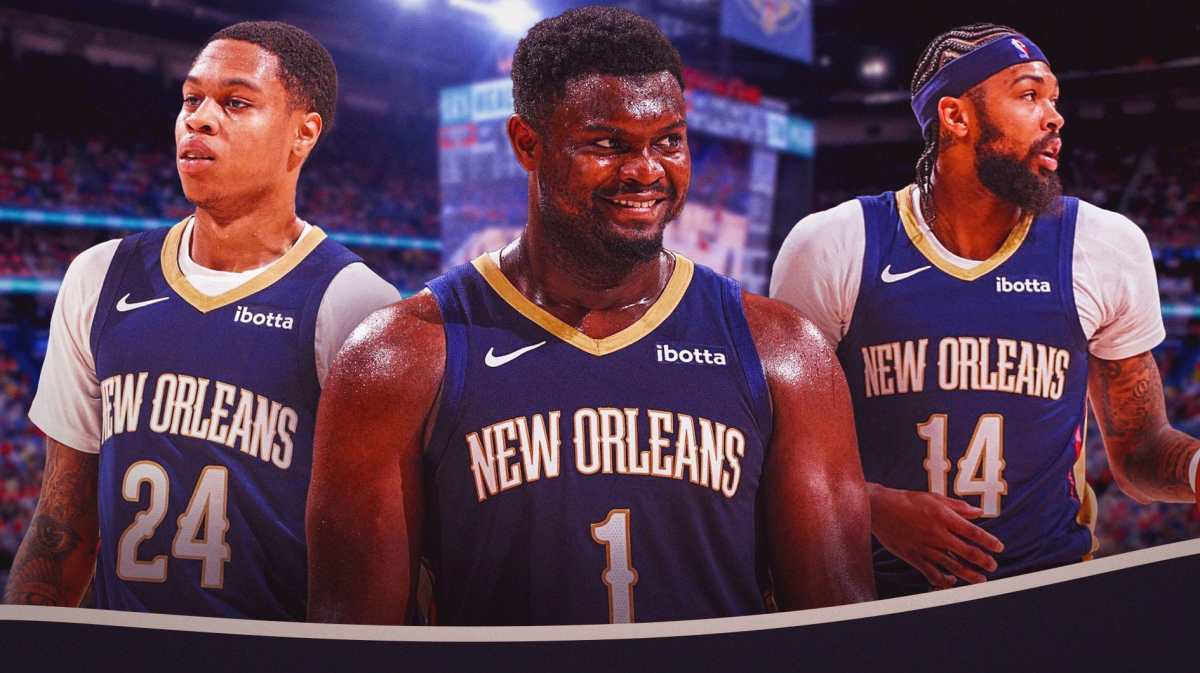 Zion Williamson, Brandon Ingram and Jordan Hawkins with the Pelicans arena in the background