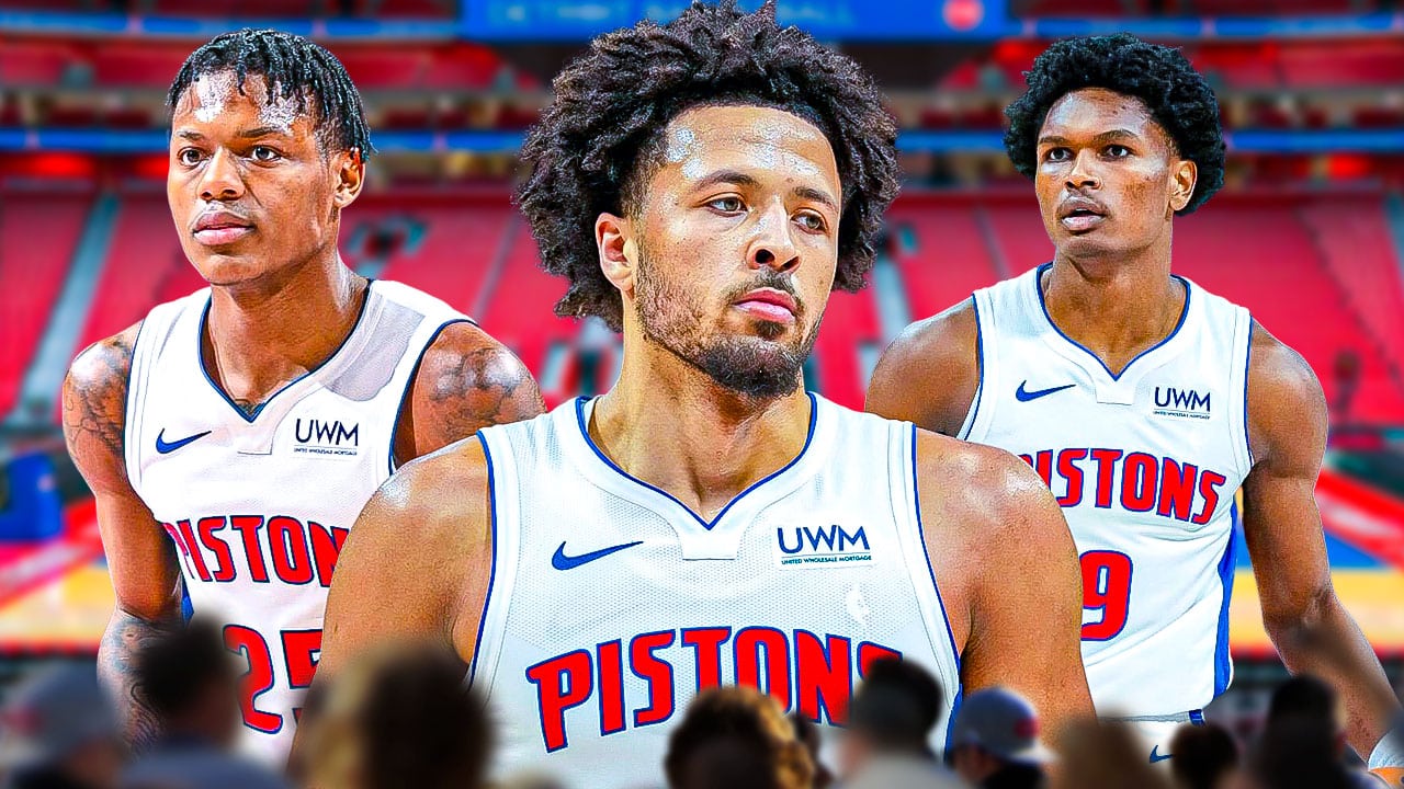 Marcus Sasser, Cade Cunningham and Ausar Thompson together with the Pistons arena in the background