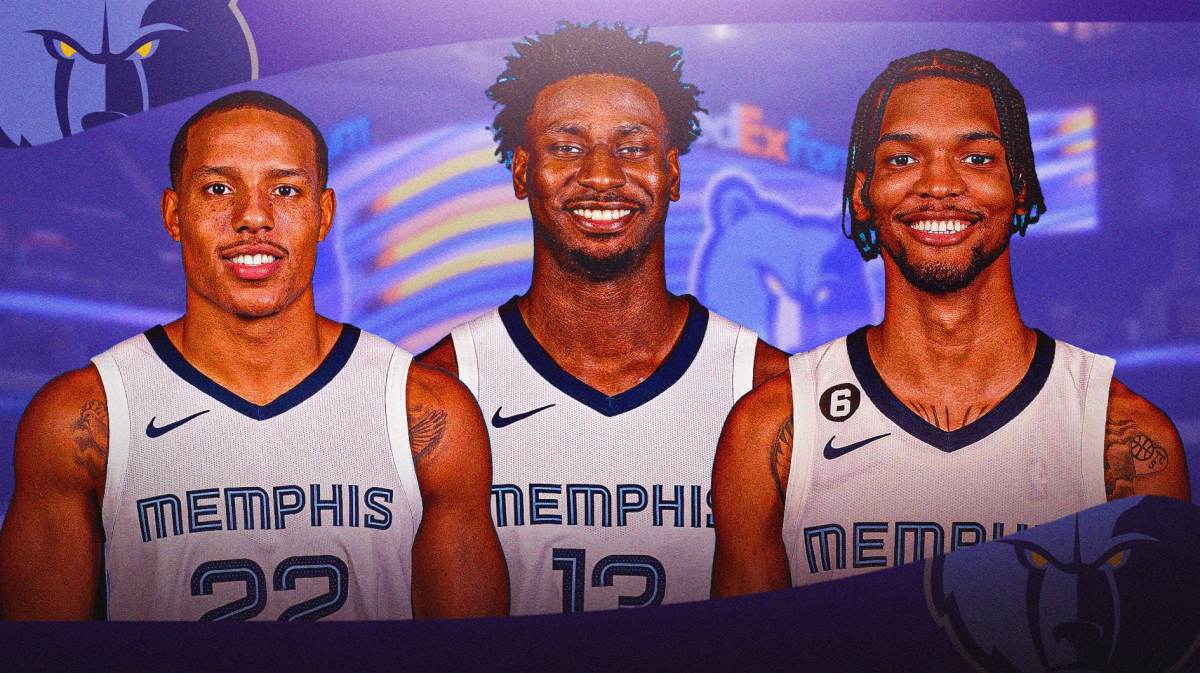 Desmond Bane, Ziaire Williams and Jaren Jackson Jr. with the Grizzlies arena in the background