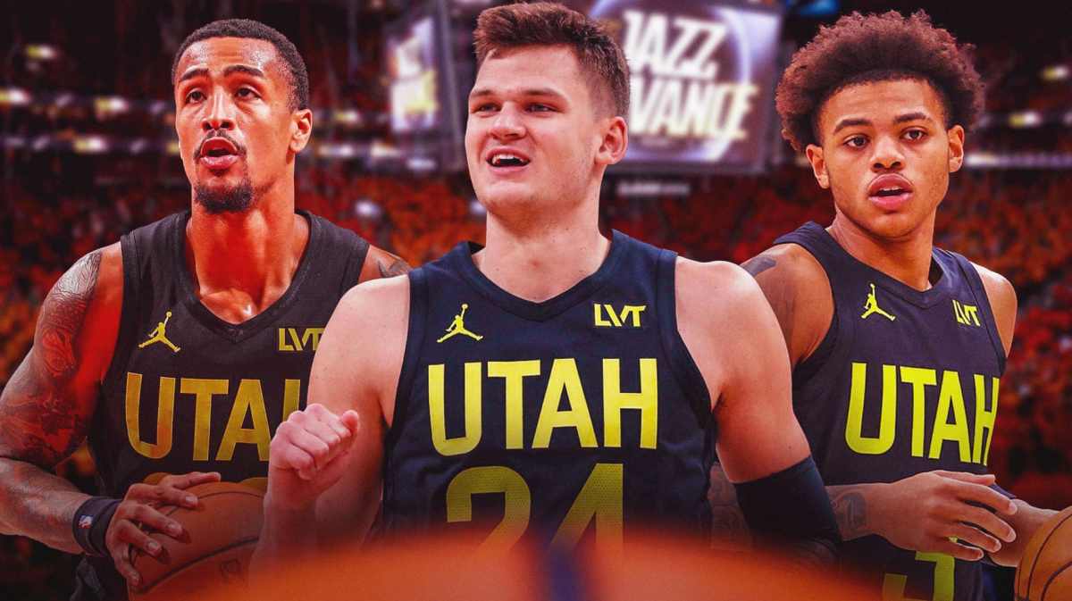 John Collins, Walker Kessler and Keyonte George with the Jazz arena in the background