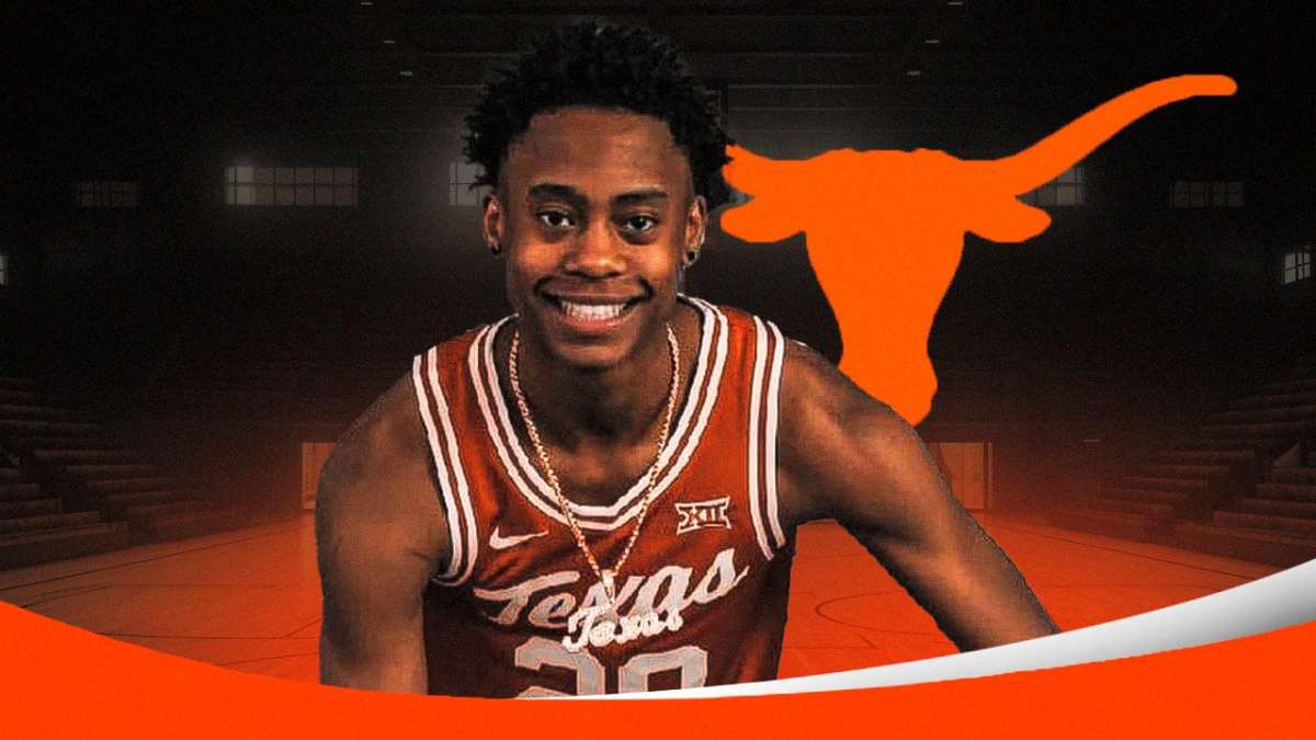 Tre Johnson in a Texas jersey with the Texas Longhorns logo in the background