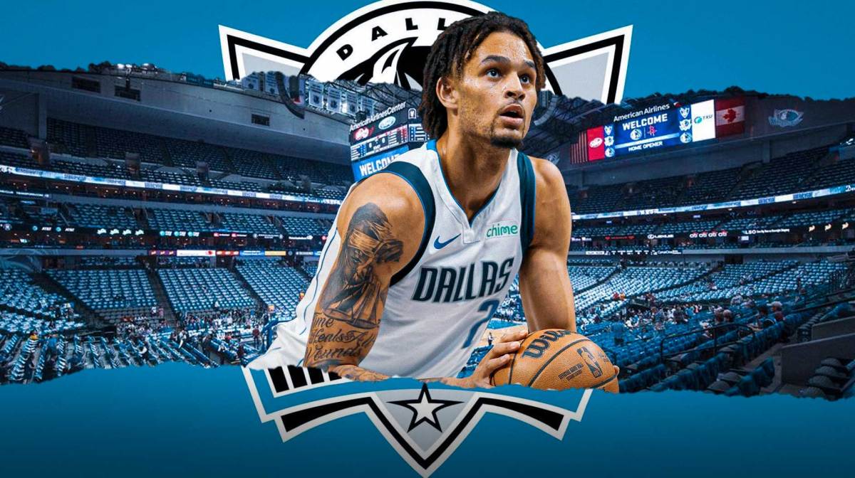Dereck Lively II with the Mavs arena in the background
