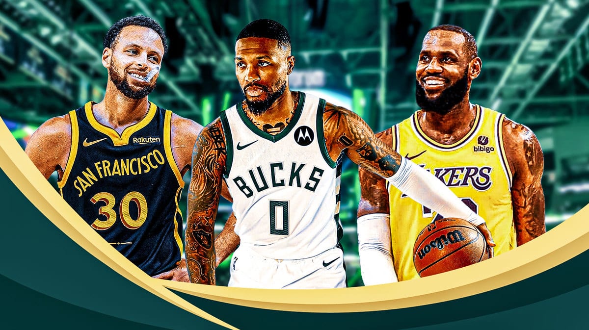 Have Damian Lillard in the middle of the photo with the Bucks arena in the background. Have Stephen Curry on one side of him and LeBron James on the other side
