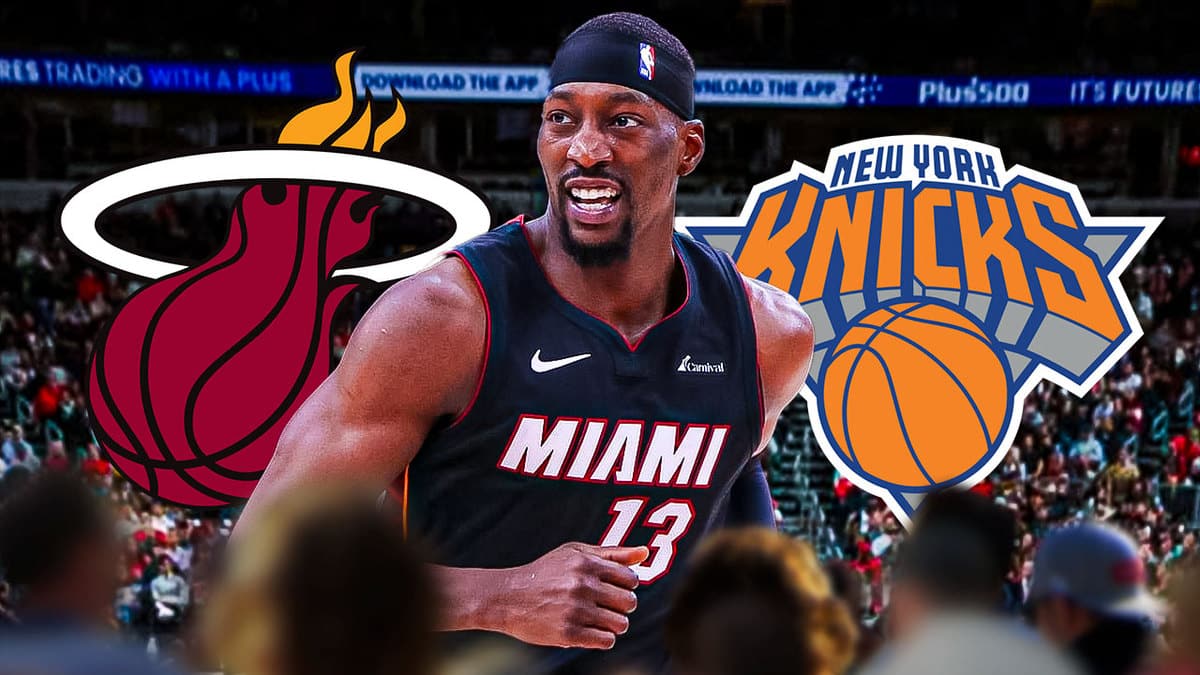 Bam Adebayo with both the Heat and Knicks logos in the background