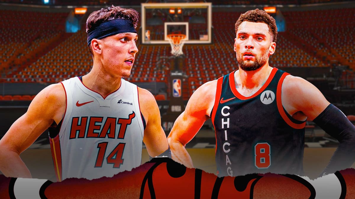 Tyler Herro alongside Zach LaVine, also include the Heat arena in the background trade