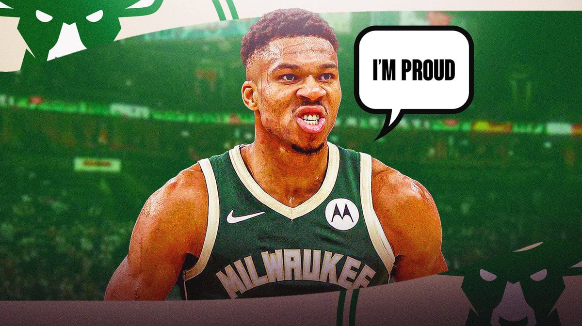 Giannis Antetokounmpo saying: ‘I’m proud’ with the Bucks arena in the background