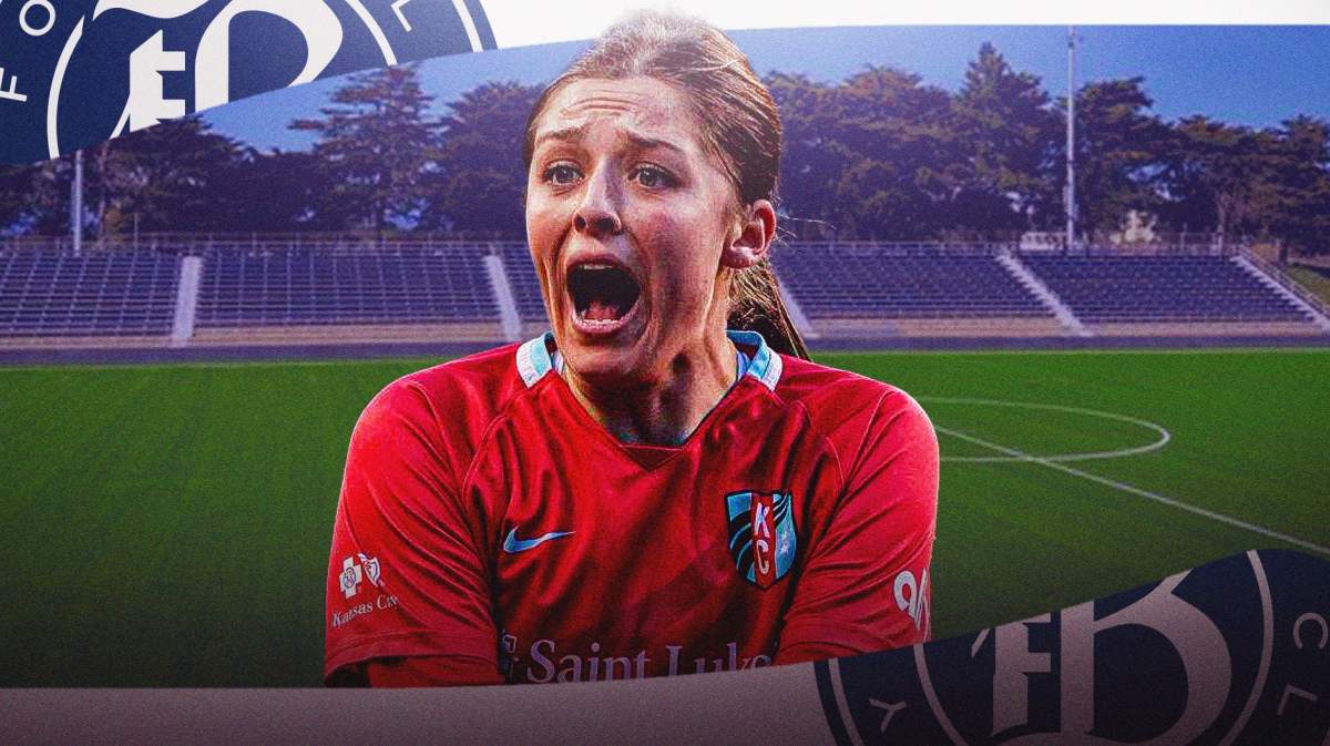 NWSL’s KC Current player Alex Loera on a soccer field with the Bay FC logo