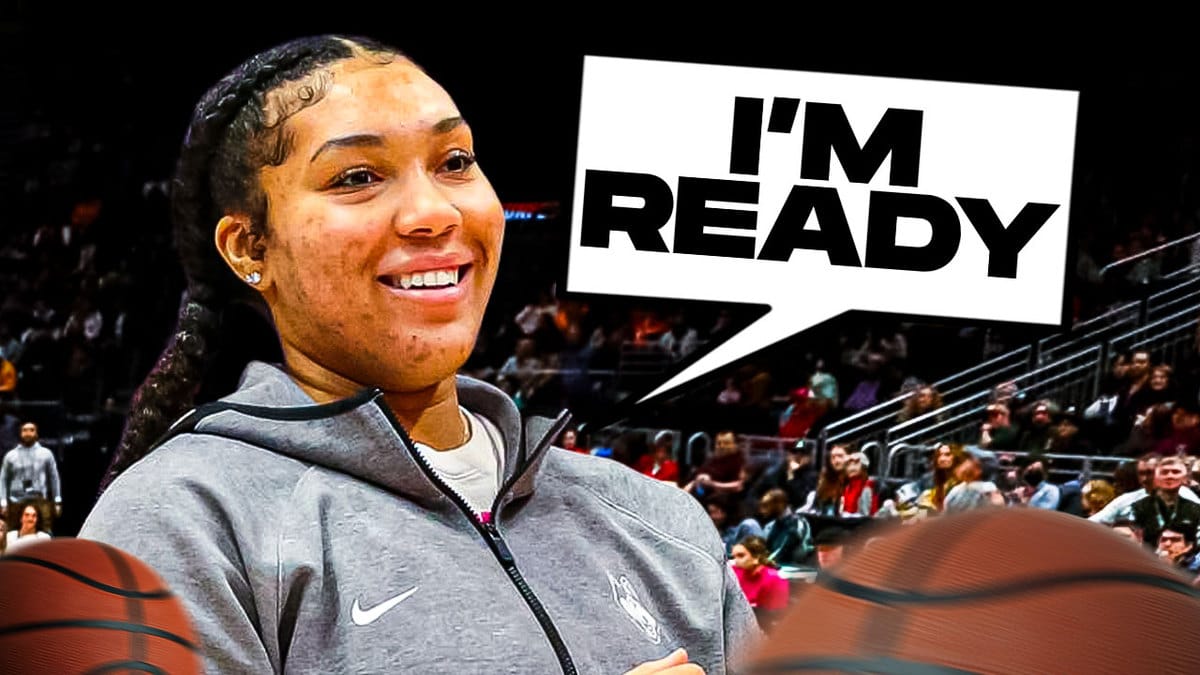Close up of UConn's Ice Brady with a text bubble saying “I’m ready” and basketball on the border of the image.