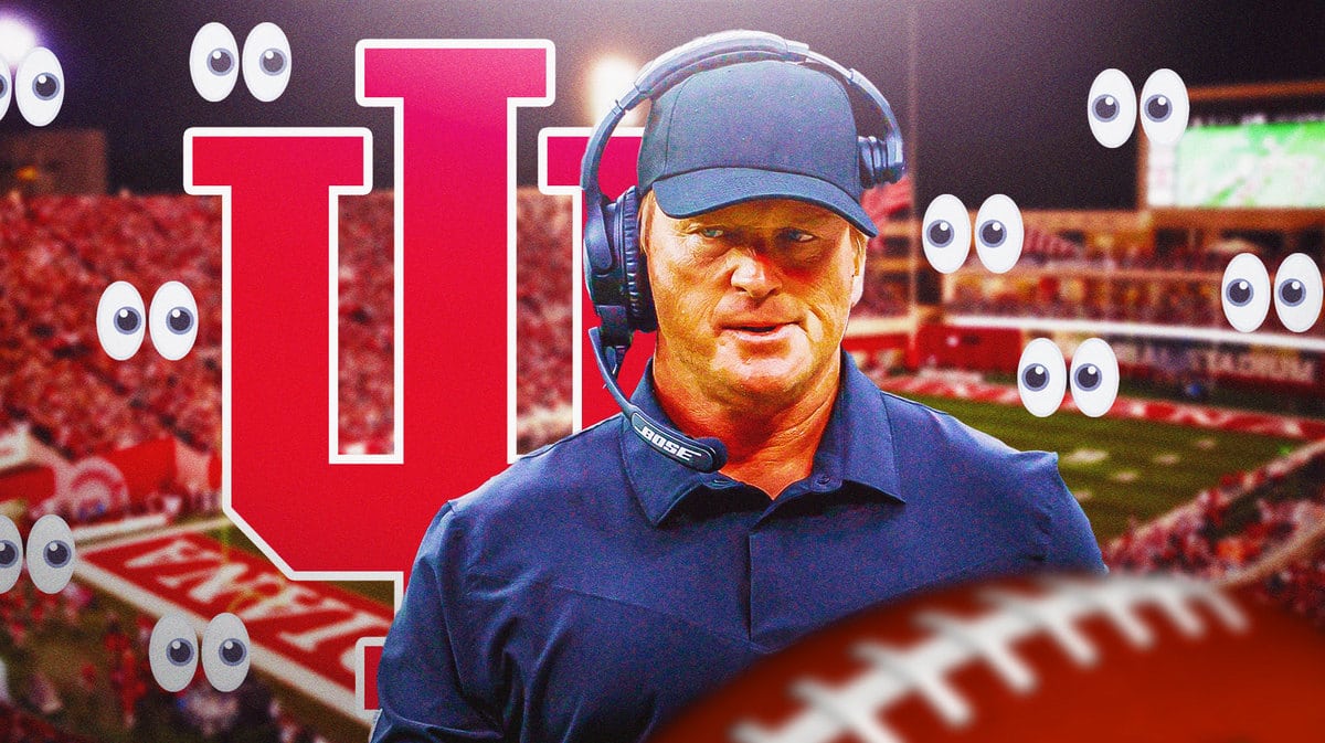 Jon Gruden next to the Indiana logo