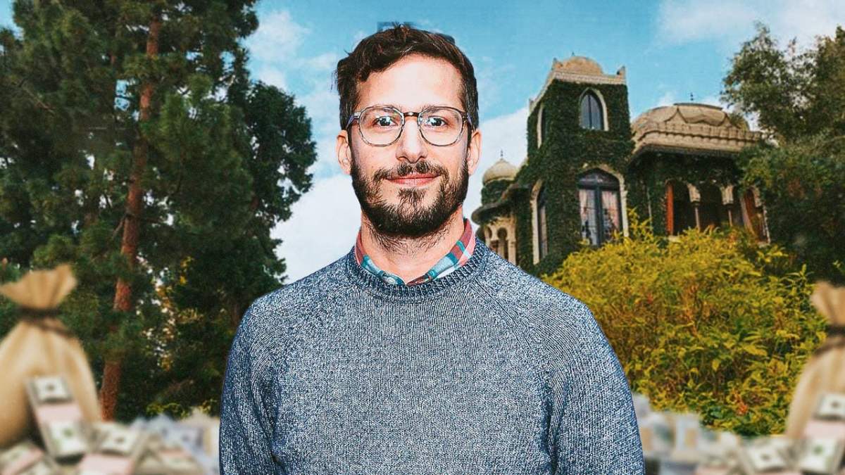 Andy Samberg in front of his mansion in Los Angeles.
