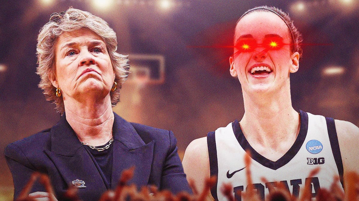 Iowa women’s basketball player Caitlin Clark with red laser eyes and Iowa women’s basketball coach Lisa Bluder